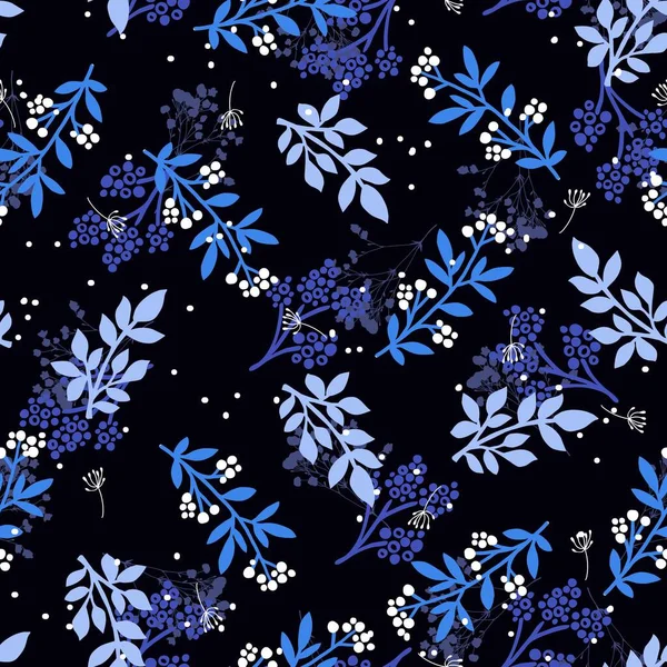 Night Beautiful Blue Floral Garden Vector Graphic Seamless Pattern — Vetor de Stock