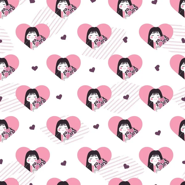 Lovely Smiling Girl Flower Bouquet Vector Graphic Seamless Pattern Can — стоковый вектор