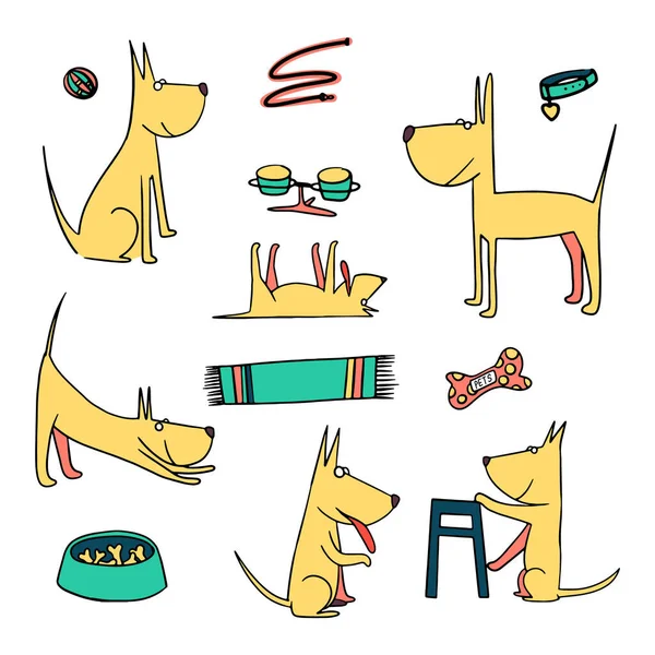 Conjunto Perro Dibujos Animados Perros Trucos Acción Cavando Tierra Comiendo — Vector de stock