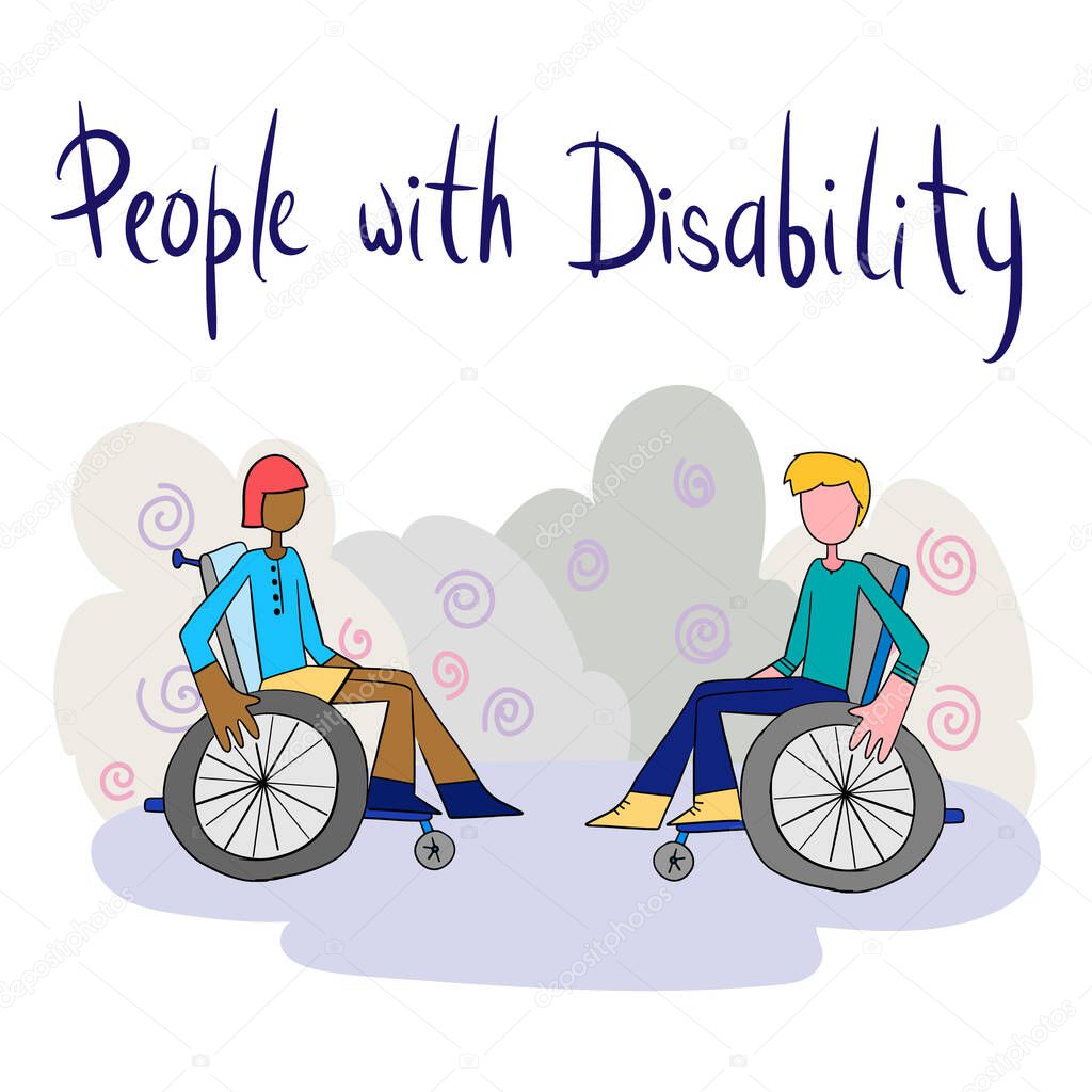 International day of disabled persons - cartoon flat poster with happy people. Vector background with disabled people, young persons World without barriers. Vector illustration for support, diversity, disability, lifestyle concept