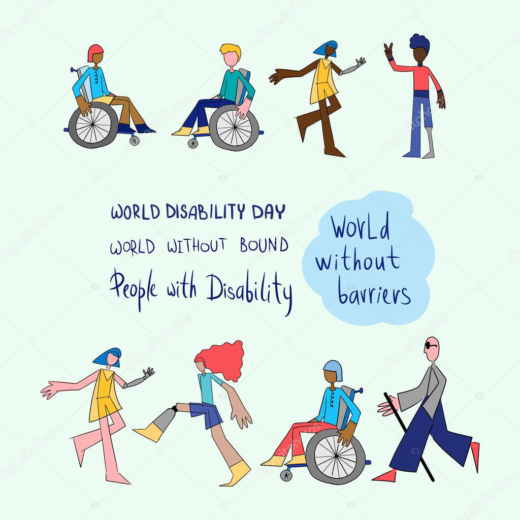 International day of disabled persons - cartoon flat poster with happy people. Vector background with disabled people, young persons World without barriers. Vector illustration for support, diversity, disability, lifestyle concept