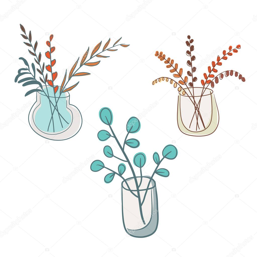 Collection of wild and garden leaves in glass vases isolated on white background. Bundle of bouquets. Set of decorative floral design elements. Flat cartoon vector illustration.