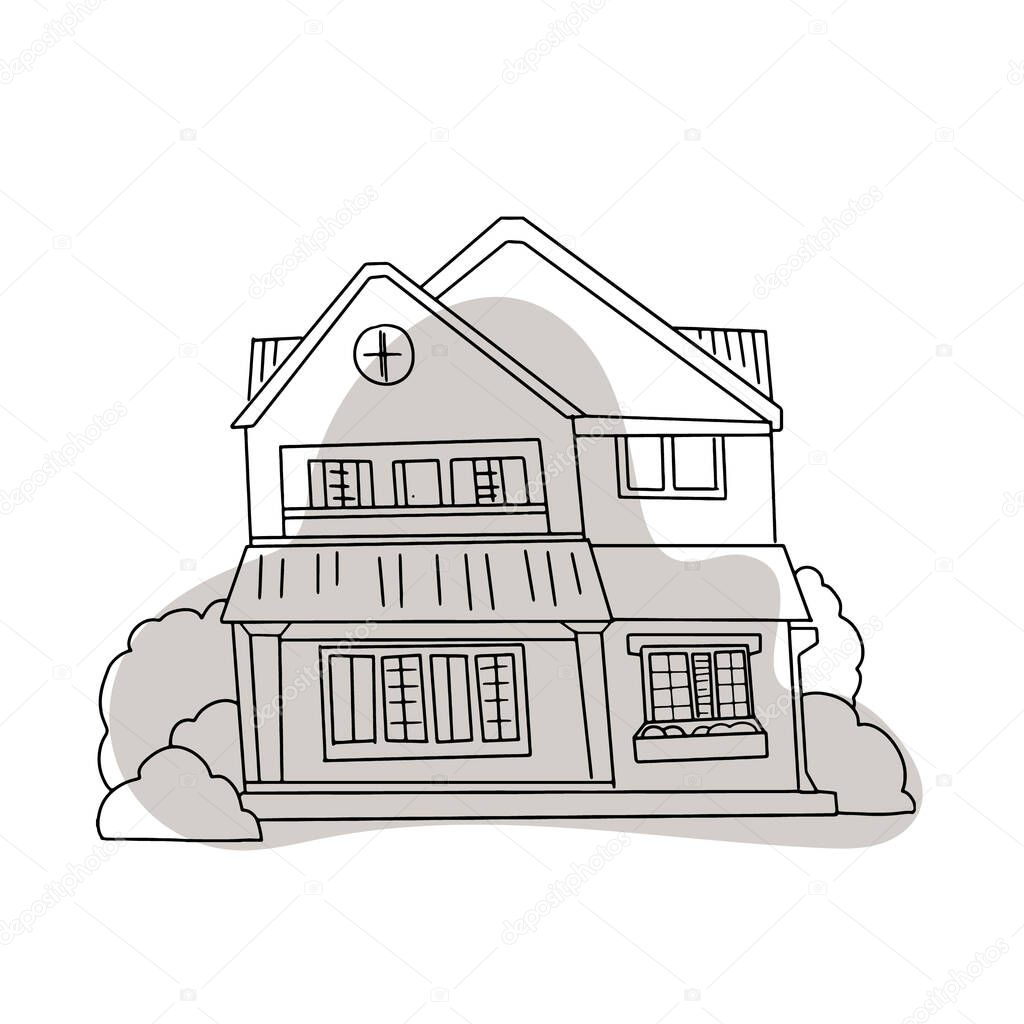 Hand drawn cottage houses in cute cartoon style. Colorful modern townhouse building sketch. Old houses, City buildings, Doodle decorative elements collection. Creative vector illustration.