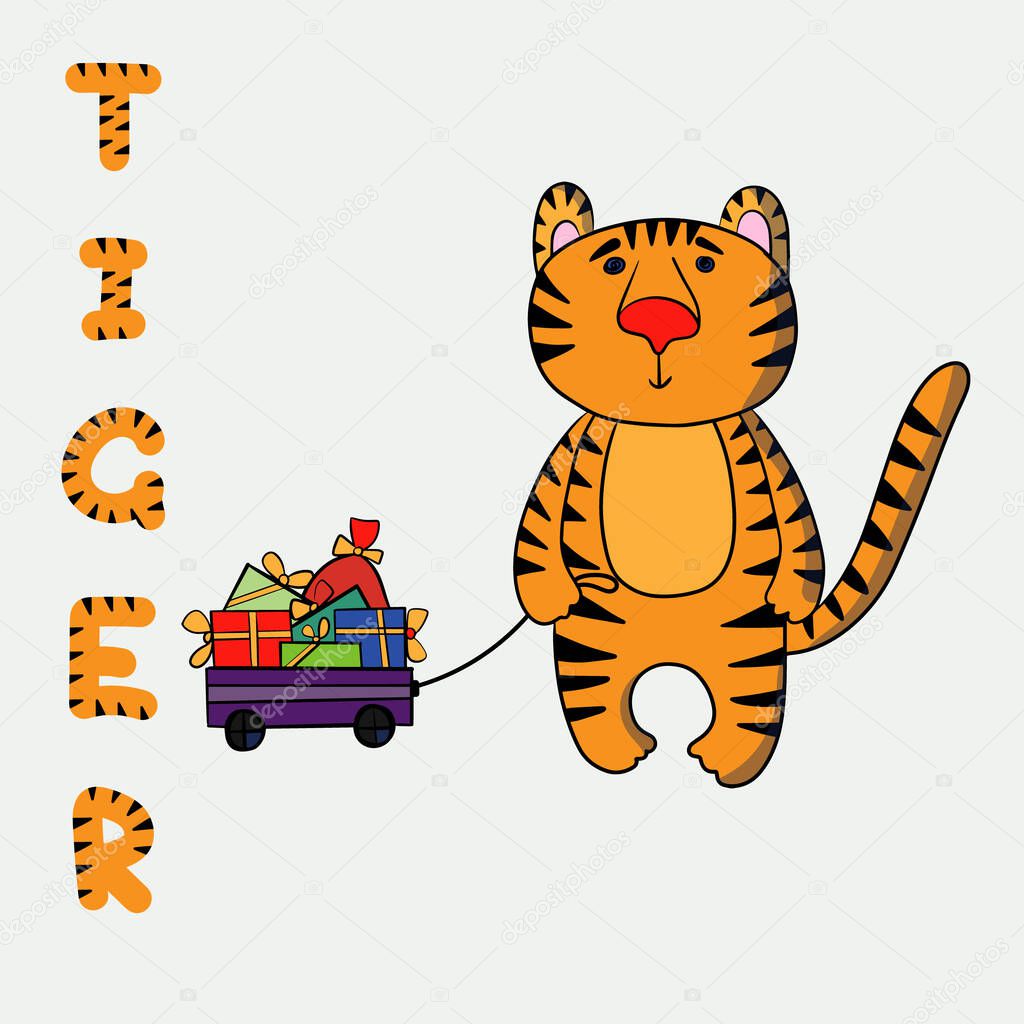 Cute cartoon chinese tiger with gift boxes. Cute cartoon character. The tiger is the symbol of the year 2022. Vector illustration for children. Isolated on a white background.