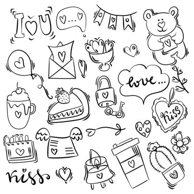 Sevgililer Günü sembolleri - kalpler, kupalar, mektuplar, çiçekler, hediyeler. Vektör çizimi. Beyaz arka planda siyah. Düğün davetiyesi ve romantik el yazısı.