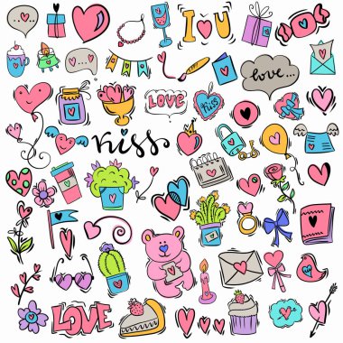 Sevgililer Günü sembolleri - kalpler, kupalar, mektuplar, çiçekler, hediyeler. Vektör çizimi. Beyaz arka planda parlak renkler. Düğün davetiyesi ve romantik el yazısı.