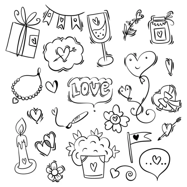 Valentinstag Reihe Von Symbolen Herzen Tassen Briefe Blumen Geschenke Vektorillustration — Stockvektor