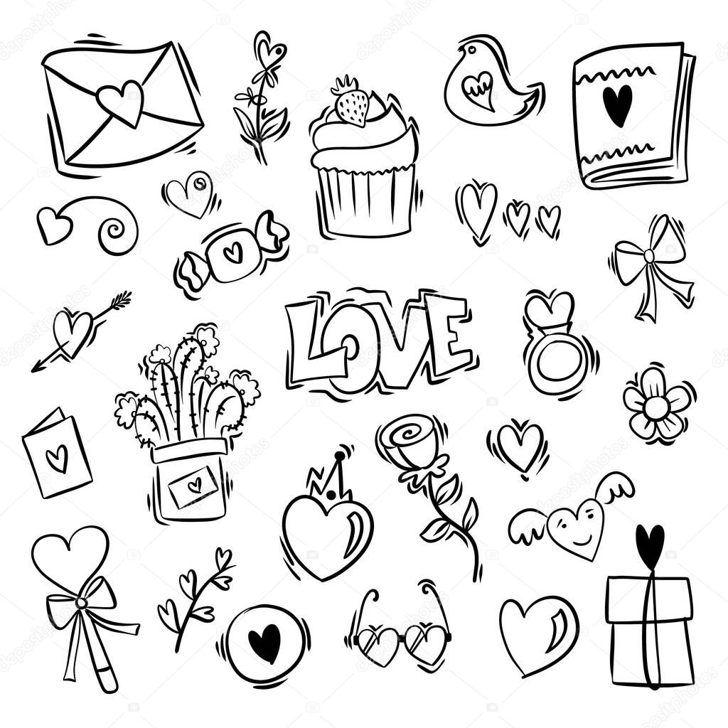 Valentine's Day set of symbols - hearts, cups, letters, flowers, gifts. Vector illustration. Black on white background. set of hand lettering wedding invitation and romantic