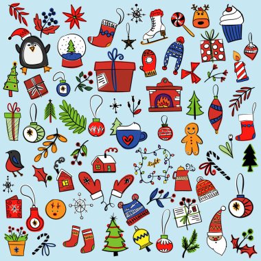 Noel ve Yeni Yıl resimlerinin boho renklerinde koleksiyonu. Elementler karalama tarzında çizilir. Tatil kartı, hediye etiketi, etiket, etiket, afiş, poster, kartpostal ana hatlarıyla. Vektör.