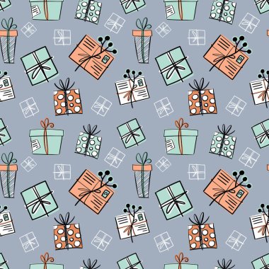 Yeni yıl elementleriyle kışın kusursuz vektör deseni. Noel arkaplan koleksiyonunun bir parçası. Duvar kağıdı, şablon dolguları, yüzey dokuları, kumaş baskıları için kullanılabilir.