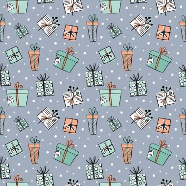 Yeni yıl elementleriyle kışın kusursuz vektör deseni. Noel arkaplan koleksiyonunun bir parçası. Duvar kağıdı, şablon dolguları, yüzey dokuları, kumaş baskıları için kullanılabilir.