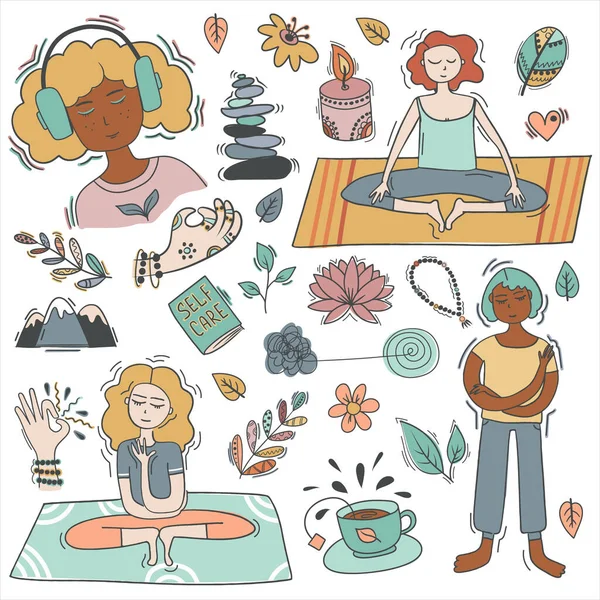 Çay, kitap, çiçek ve yaprakla hazırlanmış kadın meditasyonu. Yoga, meditasyon, rahatlama, dinlenme, sağlıklı yaşam tarzı kavramları. Çizgi film tarzında vektör illüstrasyonu