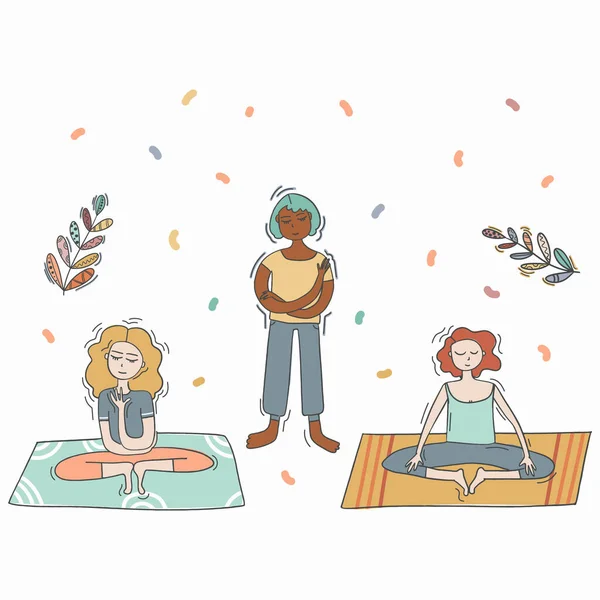 Çay, kitap, çiçek ve yaprakla hazırlanmış kadın meditasyonu. Yoga, meditasyon, rahatlama, dinlenme, sağlıklı yaşam tarzı kavramları. Çizgi film tarzında vektör illüstrasyonu