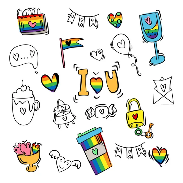 Sevgililer Günü için LGBT elemanları. Eşcinseller, lezbiyenler ve trans toplum için aşk sembolleri, unsurları, kalpler ve alıntılar