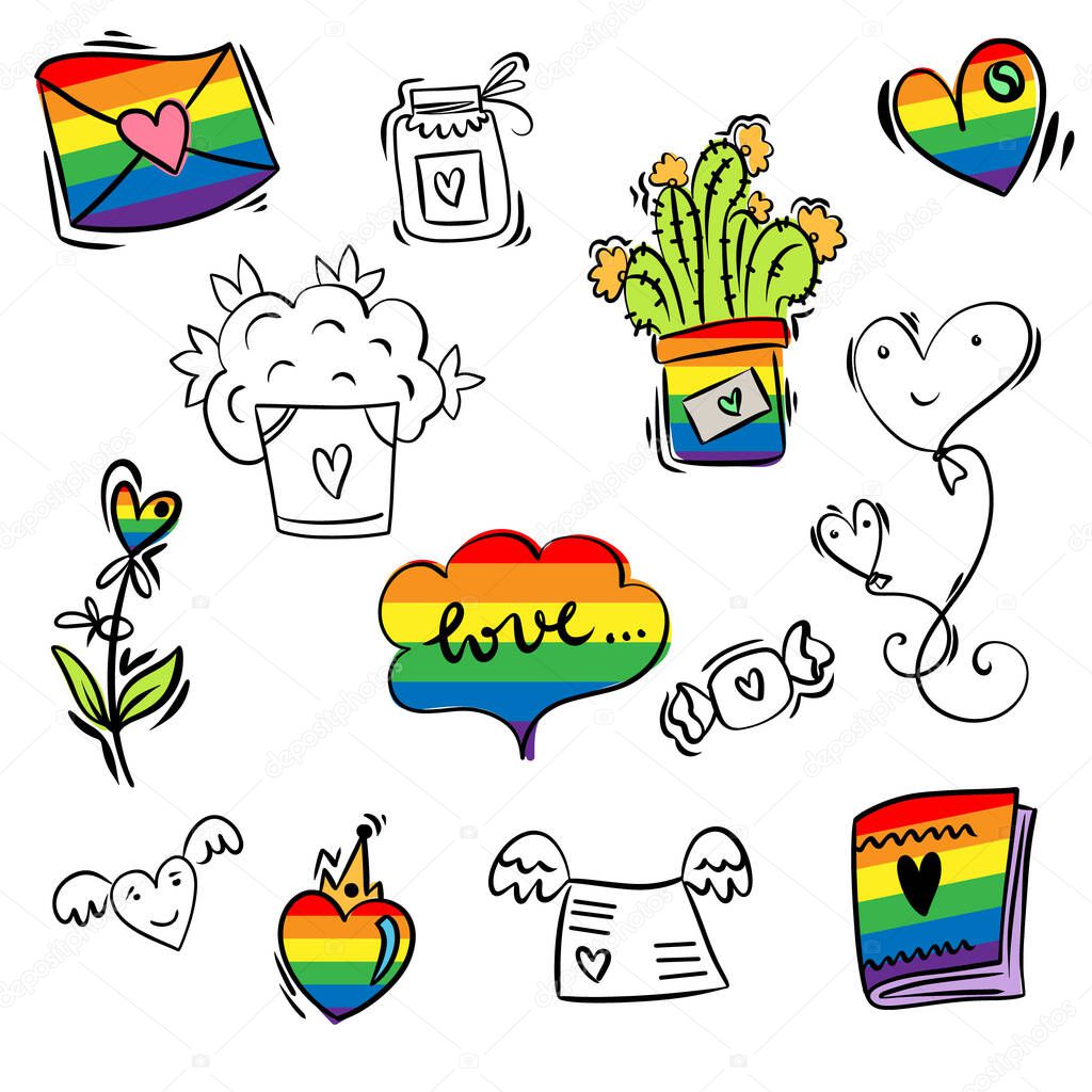 LGBT elements for Valentines day. Love symbols, elements, hearts and quotes for gays, lesbian and trans community