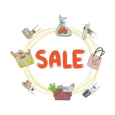 İfade mesajı içeren karikatür satışı, fatura, çanta, para, bozuk para, alışveriş torbası ve sepet dolusu ürün. Çizgi film tarzında parlak dinamik çizgi film illüstrasyonunu yönlendir