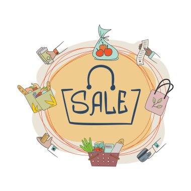 İfade mesajı içeren karikatür satışı, fatura, çanta, para, bozuk para, alışveriş torbası ve sepet dolusu ürün. Çizgi film tarzında parlak dinamik çizgi film illüstrasyonunu yönlendir