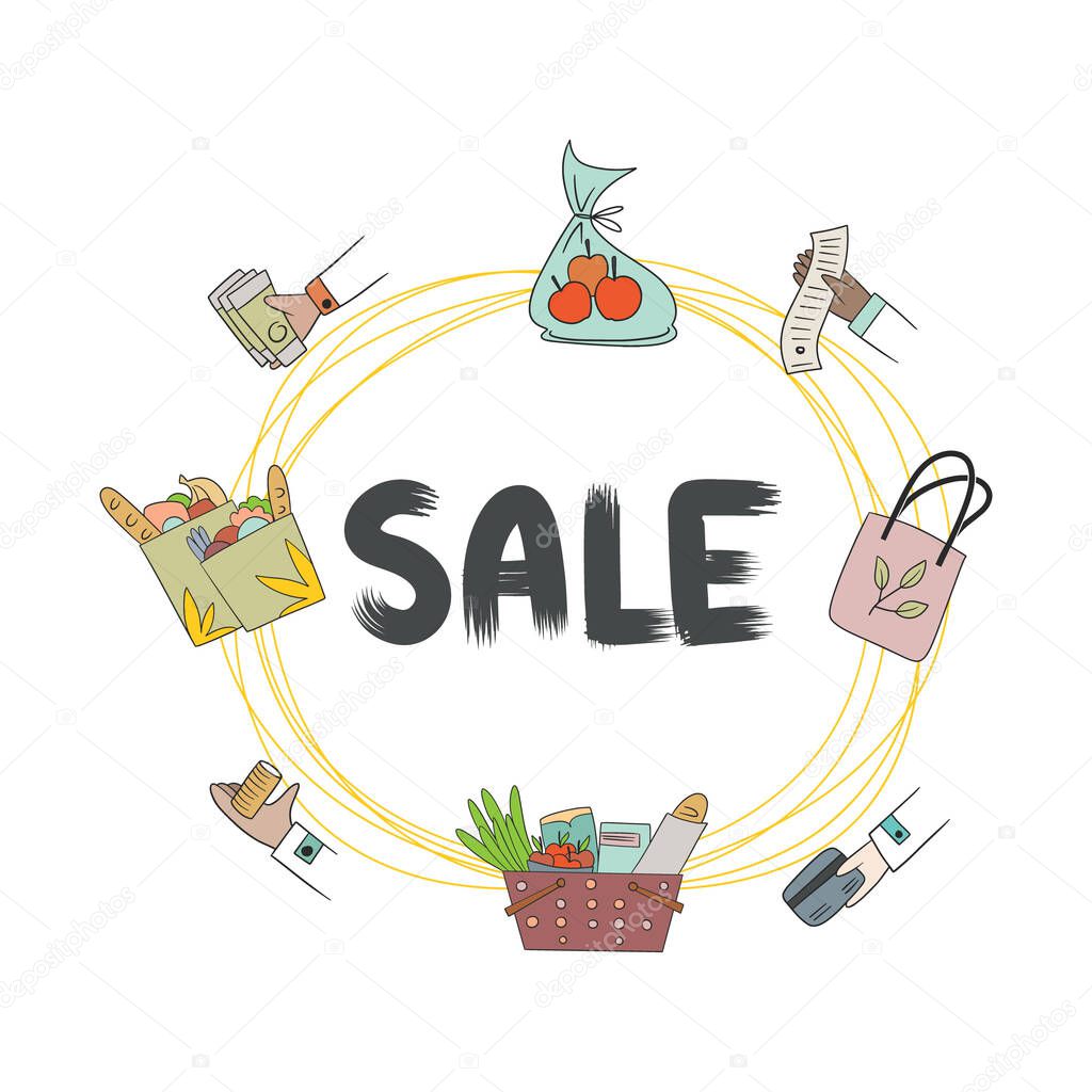 Cartoon card with expression text Sale, shopping elements as bill, purse, money, coins in hand, shopping bag and basket with product. Vector bright dynamic cartoon illustration in cartoon style