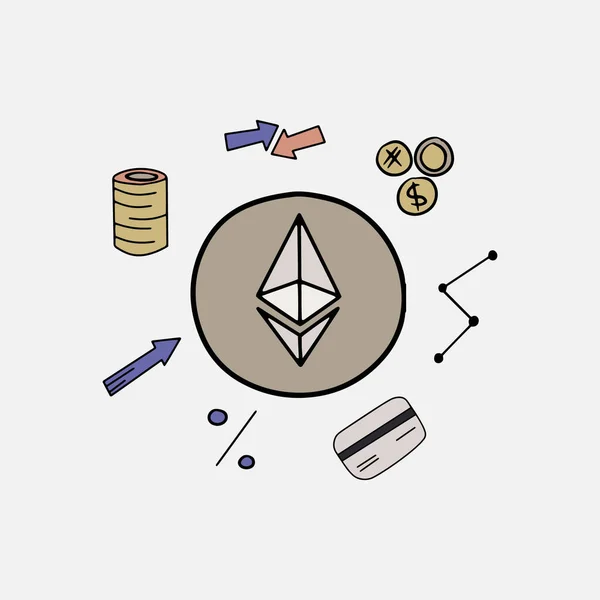 Basit Bitcoin Ethereum Kripto Para Birimi İlgili Vektör Elementleri ve Detayları. Çizgi karalama çizgi filmi ve düz stil sembol koleksiyonu.