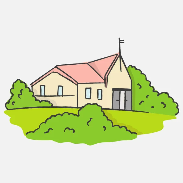 小さな家 木と農村風景パノラマ形式 手描きイラスト彫刻スタイルのスケッチ落書き漫画の要素 — ストックベクタ