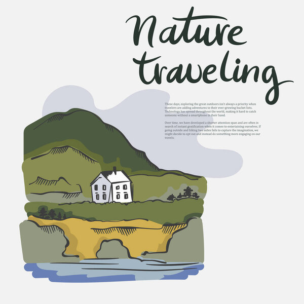 Векторный пейзаж путешествующей природы. Дорога в лесу, горы, холмы, деревья, облака и надписи на небе. Ручной рисунок природы.