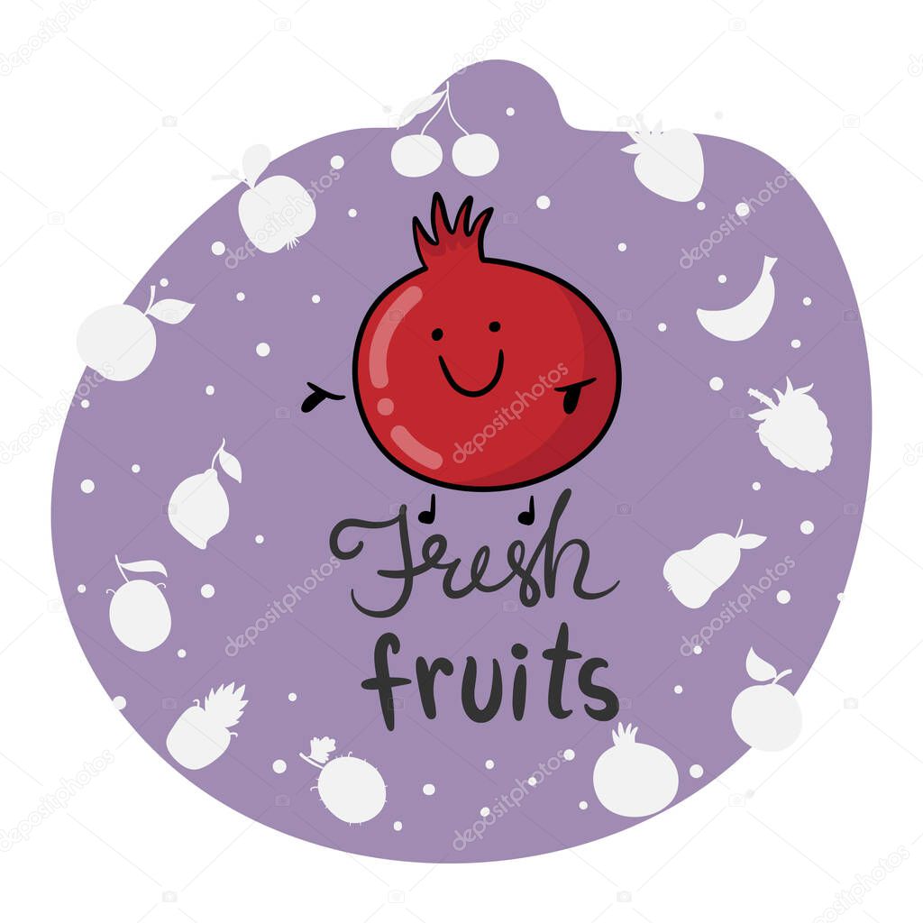 Cartoon funny pomegranate characters and fruits face isolated on white background vector illustration. Funny fruit face and cartoon fruit characters icon vector. Cartoon characters.