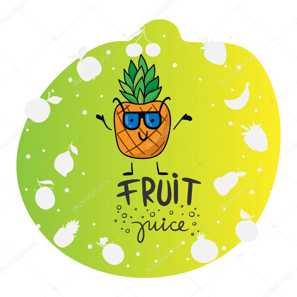 Cartoon funny pineapple characters and fruits face isolated on white background vector illustration. Funny fruit face and cartoon fruit characters icon vector. Cartoon characters.