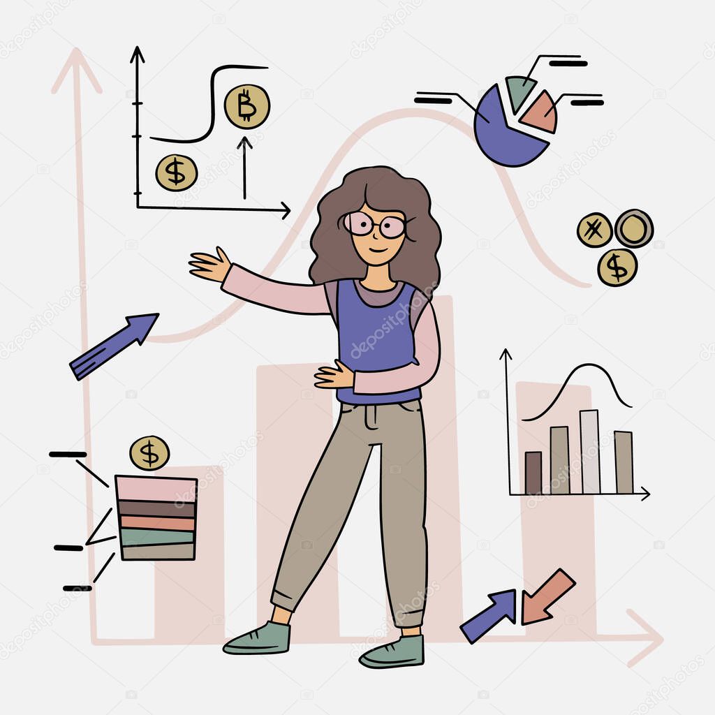 Stock crypto abstract concept vector illustration. Businesswoman in casual clothes thinking about crypto currency. Bitcoin, Dogecoin, Ethereum, Litecoin, Ripple.