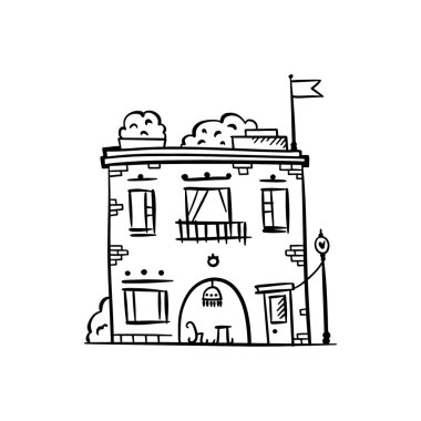 Sevimli bir çizgi film tarzında el çizimi Avrupa şehir evi. Renkli modern konak binası çizimi. Eski evler, şehir binaları, Doodle dekoratif eşya koleksiyonu. Yaratıcı vektör illüstrasyonu.