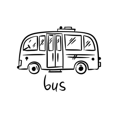 Komik vektör karalama taşıma çizimi. Bebek koleksiyonu, poster ve duvar kağıtları için el çizimi vektör simgeleri. Flatbed kamyonu.