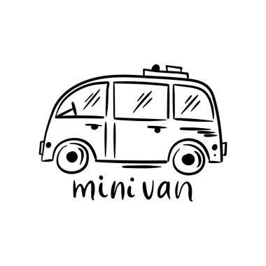 Komik vektör karalama taşıma çizimi. Bebek koleksiyonu, poster ve duvar kağıtları için el çizimi vektör simgeleri. Flatbed kamyonu.