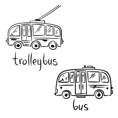Komik vektör karalama taşıma çizimi. Bebek koleksiyonu, poster ve duvar kağıtları için el çizimi vektör simgeleri. Otobüs ve troleybüs.