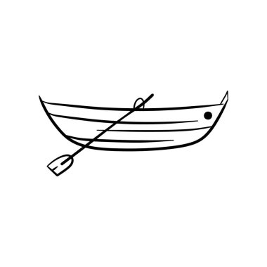 Çizgi filmdeki el çizimi bot, gemi, yat. Vektör çizimi. Beyaz arka planda izole edilmiş, vektör. Kartpostal için elementler ve tişört için illüstrasyon. Kamp yapmak. Seyahat.