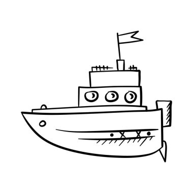 Çizgi filmdeki el çizimi bot, gemi, yat. Vektör çizimi. Beyaz arka planda izole edilmiş, vektör. Kartpostal için elementler ve tişört için illüstrasyon. Kamp yapmak. Seyahat.