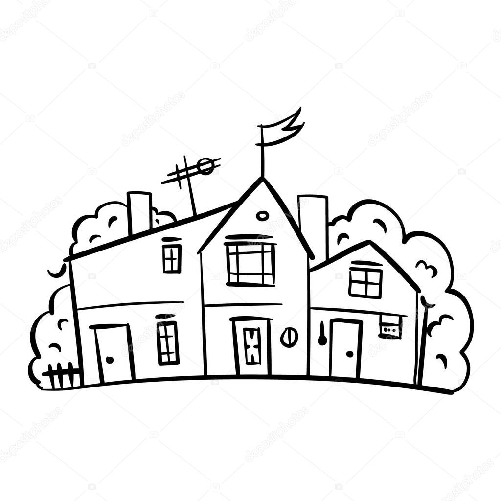 Hand drawn European city house in cute cartoon style. Colorful modern townhouse building sketch. Old houses, City buildings, Doodle decorative elements collection. Creative vector illustration.
