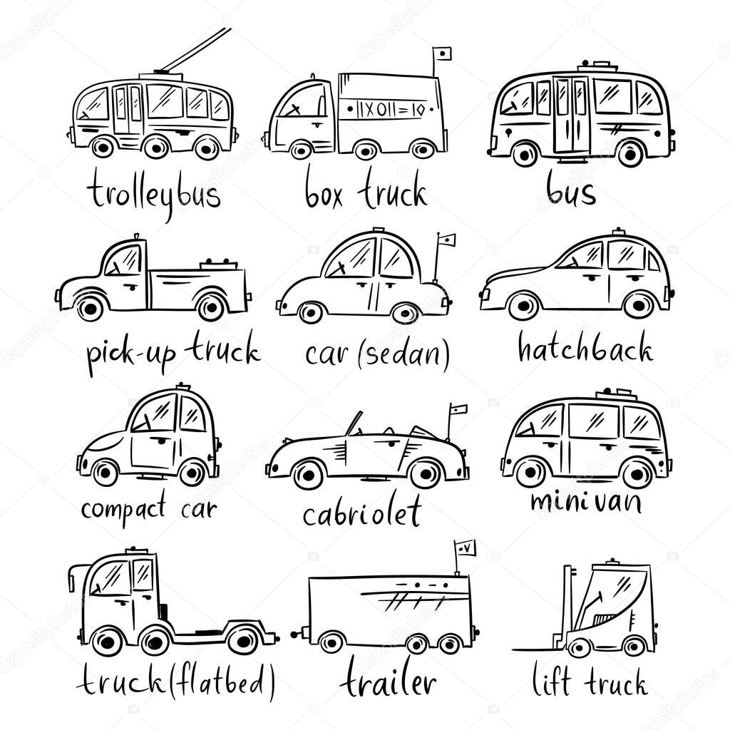 Funny vector doodle transport illustration. Hand drawn vector icons for baby collection, poster and wallpapers. Flatbed truck.