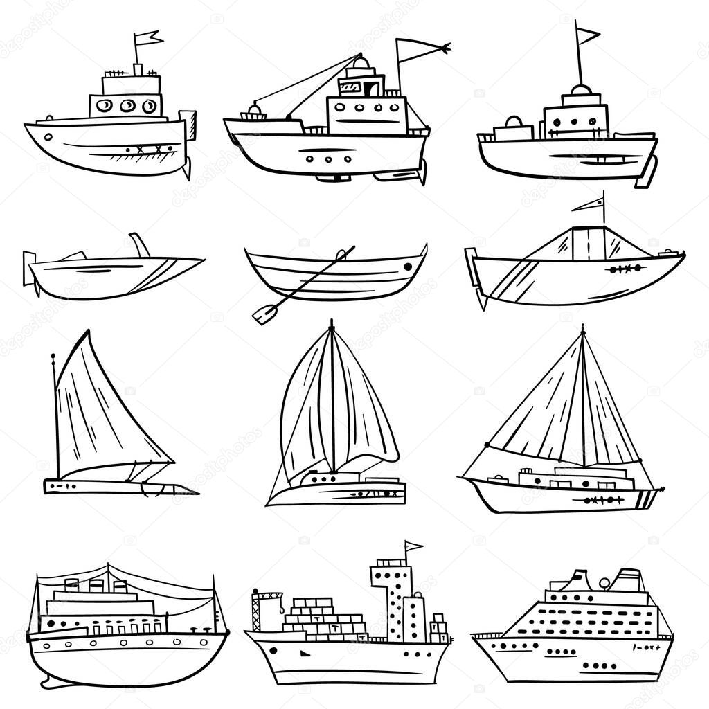 Doodle cartoon hand drawing boat, ship, yacht. Vector drawing . Isolated on a white background, vector. Elements for Print for a postcard and Illustration for a T-shirt. Camping. Travel.