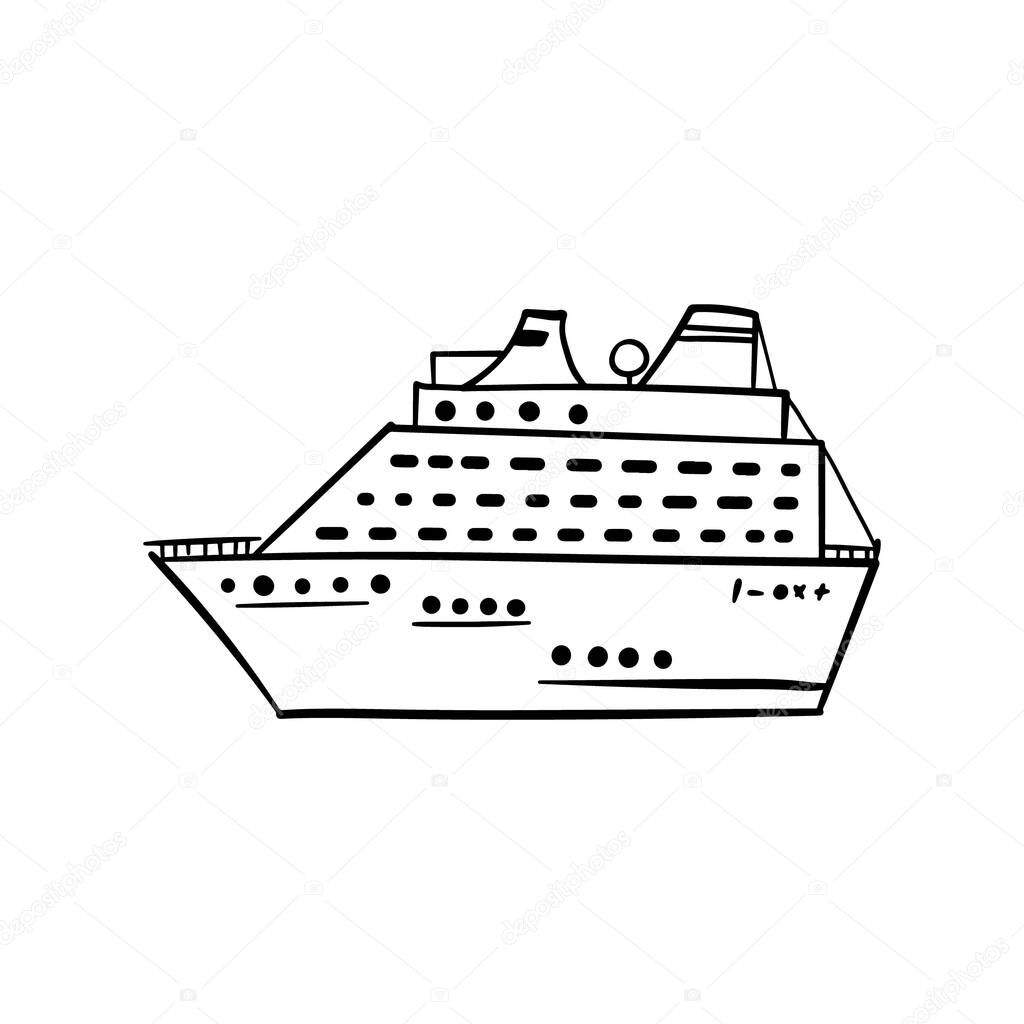 Doodle cartoon hand drawing boat, ship, yacht. Vector drawing . Isolated on a white background, vector. Elements for Print for a postcard and Illustration for a T-shirt. Camping. Travel.