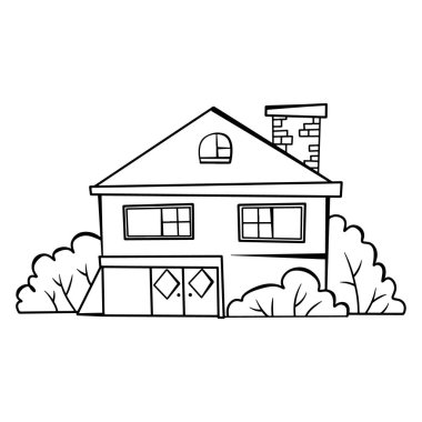 Elle çizilmiş siyah bir ev çizimi, bağımsız, ağaçlı bekar aile evleri. Evim Güzel Evim 'in karikatür çizimi. Evin Dış Yüzeyi.