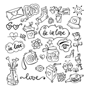 Sevgililer Günü sembolleri. Calligraphi. Vektör çizimi. Parlak renk - pembe, yeşil, menekşe, mavi - beyaz arkaplanda. Düğün davetiyesi ve romantik el sembolleri.