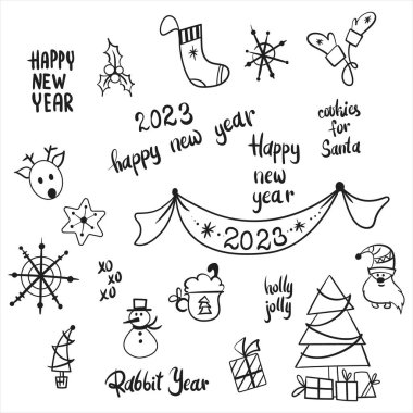 Christmas Doodle Yeni Yıl Tavşanı 2023 siyah beyaz illüstrasyon. Mutlu yıllar posteri, kart vs. için vektör illüstrasyonu. 