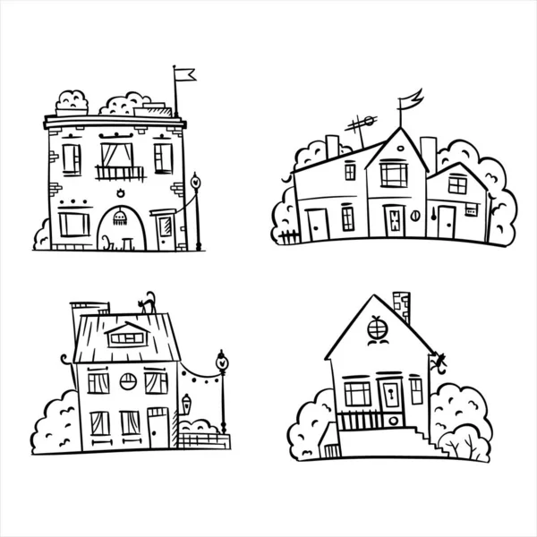 Skizze Eines Schwarzen Handgezeichneten Hauses Freistehend Einfamilienhäuser Mit Bäumen Doodle — Stockvektor