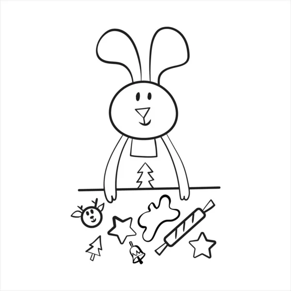 Christmas Doodle Yeni Yıl Tavşanı 2023 siyah beyaz illüstrasyon. Mutlu yıllar posteri, kart vs. için vektör illüstrasyonu. 
