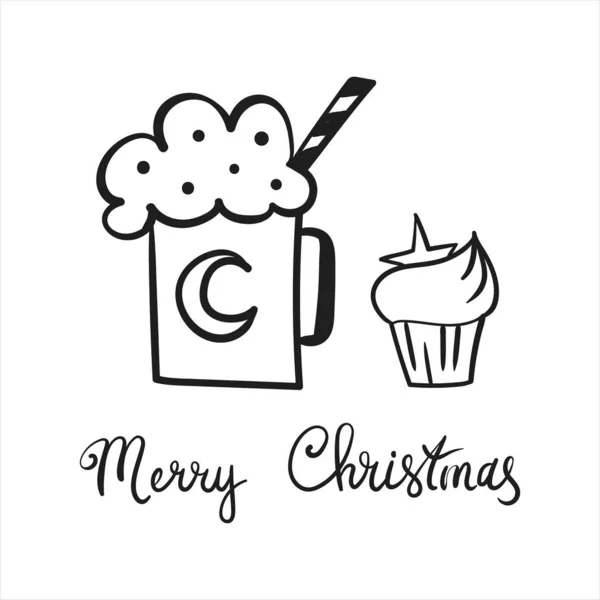 Christmas Doodle Yeni Yıl Tavşanı 2023 siyah beyaz illüstrasyon. Mutlu yıllar posteri, kart vs. için vektör illüstrasyonu. 