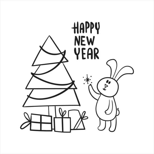 Christmas Doodle Winter New Year Rabbit 2023 Черно Белая Иллюстрация — стоковый вектор