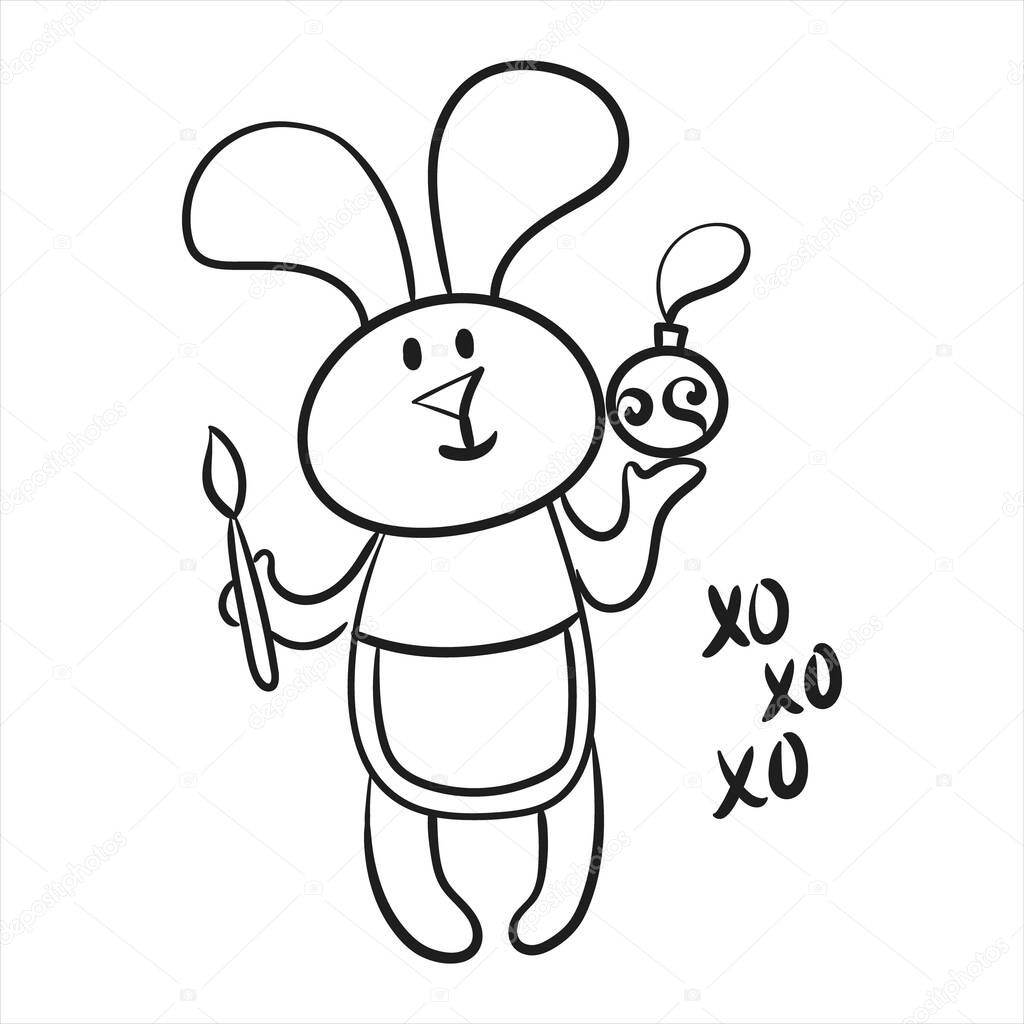 Christmas Doodle Winter New Year Rabbit 2023 black and white illustration. Vector illustration for happy new year poster, card etc. 