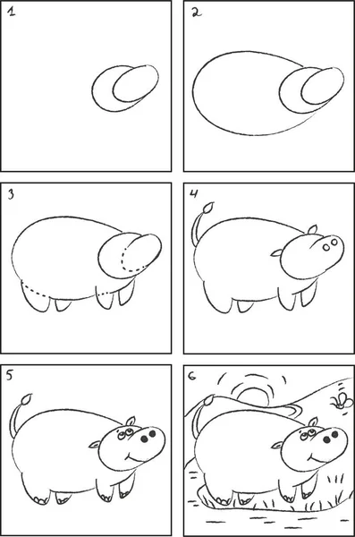 Hippopotamus drawing instruction and coloring book