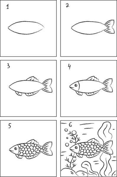 Fish Drawing Instruction Coloring Book — стоковый вектор