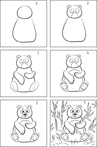 パンダ熊ドローイングの指導とぬり絵 — ストックベクタ