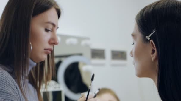 Makeup artist combs the models eyebrows. Close-up face of beautiful female makeup artist.Makeup artist in the process. Beauty industry — Stock Video